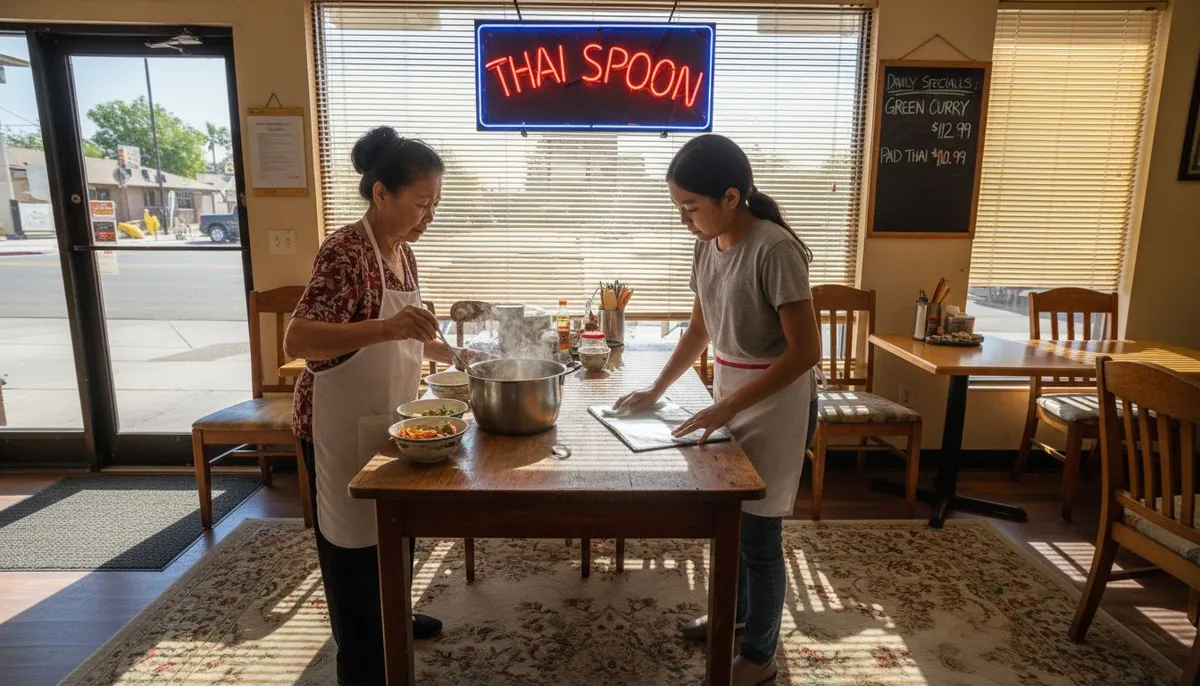 Thai family serving food in cozy restaurant