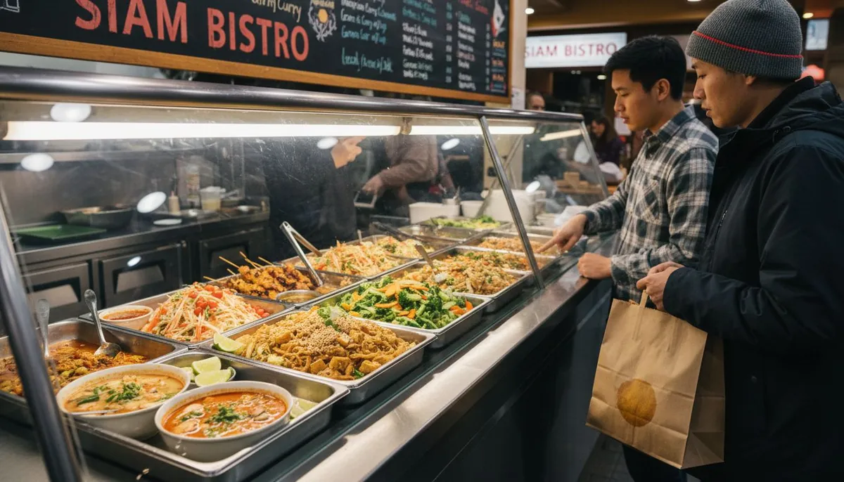 Assorted healthy Thai dishes at takeout counter